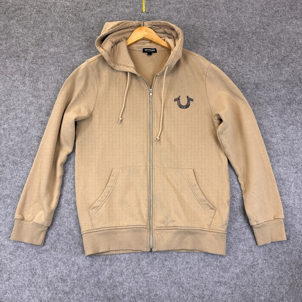 True‎ Religion Hoodie Sweatshirt Mens M Beige Full Zip Logo Front Back